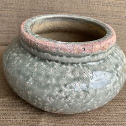 Heavy. Glazed Flower Pot W/ Crackled Aged Finish Green, Unique Shape, Opening Is 5 1/2 Inch Wide, 3.5 Inch Deep, 8 Inches At Base