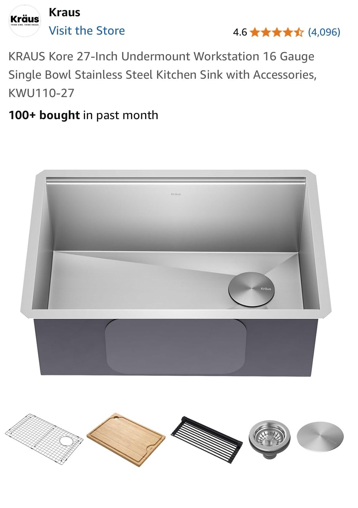 KRAUS Kore 27 Inch Undermount Workstation 16 Gauge Single Bowl Stainless Steel Kitchen Sink with Accessories KWU110 27