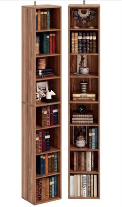 Tall Narrow Walnut Wood Bookcase Shelf Unit