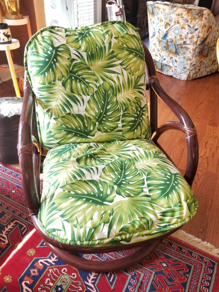 1970s Rattan/Bamboo swivel chair with tropical cover