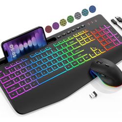 Wireless Keyboard and Mouse Combo - 9 Backlit Effects, RGB, Ergonomic Wrist Rest, Phone Holder, 2.4G Full Size, Rechargeable, Sleep Mode, Quiet Keyboa