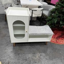 Storage Bench with Glass Door&Shelf, Modern Entryway Shoe Cabinet Bench with Padded Seat, L-Shaped Storage Cabinet for Hallway, Bedroom, Living Room, 