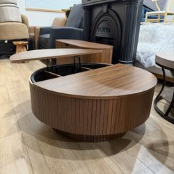 33" Round Coffee Table with Lift-Top & Flip-Top Storage, Modern Accent Fluted Coffee Tables with Metal Frame, Wooden Circle Center Table for Living Ro