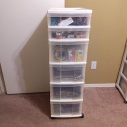 6 Drawer Plastic Storage Tower Full Of Miscellaneous Sewing Items 
