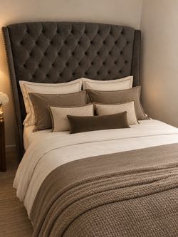 Queen Gray Velvet Tufted Wingback Bed + Nearly New Mattress