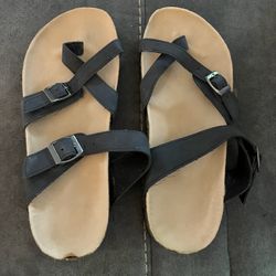 Liyuandian Womens Cross Toe Double Buckle Strap your Summer Leather Flat Mayari Sandals Black 8