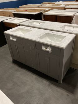60” Grey Solid Wood Bathroom Vanity with Marble Top (V232)
