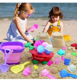 Collapsible Beach Toys Set for Kids 3-5|22 PCS Ice Cream Sand Toys with Collapsible Beach Bucket|Unicorn Sand Mold|Strawberry Ice Cream Cart|Mesh Bag|