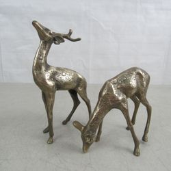 MCM Spotted Buck & Doe Solid Brass Figurines 7" Tall


