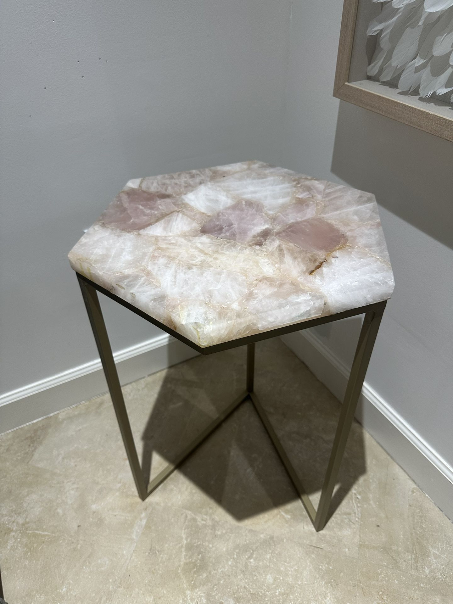 Rose Quartz Natural Stone And Brass Leg Hexagon Side End Table  