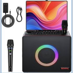 New-Smart Karaoke Machine with Lyrics Display, Built-in 14.0" Touch Screen, with Bluetooth Party Speaker and Two Wireless Mics, Portable PA System for