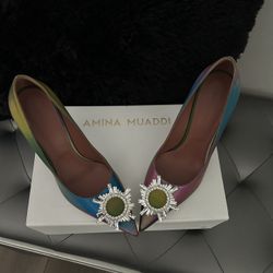 Authentic Amina Muaddi Begum Shadow Lollipop Multicolored Crystal Buckle Pump 39