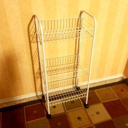 White Metal Wire Roll Away Shelf Storage Basket..3 Tier Shelfs. 2 Ft Tall..Great For Storage..Like New!