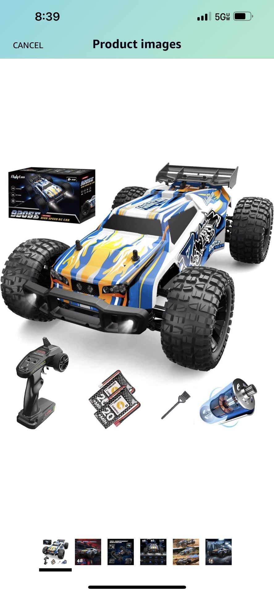 Holyton 1:10 Large High Speed Remote Control Car with LED Shell Lights, 48+ KM/H, 4WD Offroad Monster Truck for Adults & Kids, Hobby RC Truck Vehicle,