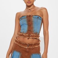 Blue & Brown Denim Skirt Set 