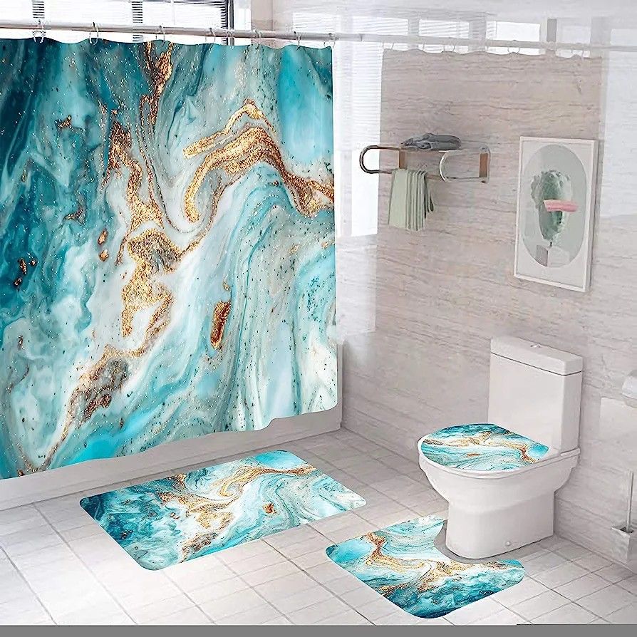 Jefuzh 4 Piece Green Marble Funny Bathroom Decor Turquoise Bath Curtain Bathroom Accessories Sets