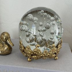 Large Heavy Crystal Ball On Antique Ornate Brass Stand Table Decor Collectible Sphere Crystal Ball