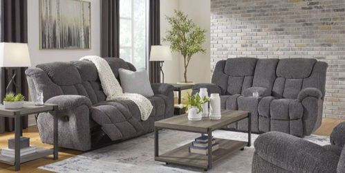 $39 down payment plan special Ashley Foreside Next-Gen Nuvella™ Performance Fabric Manual Reclining Sofa Loveseat special