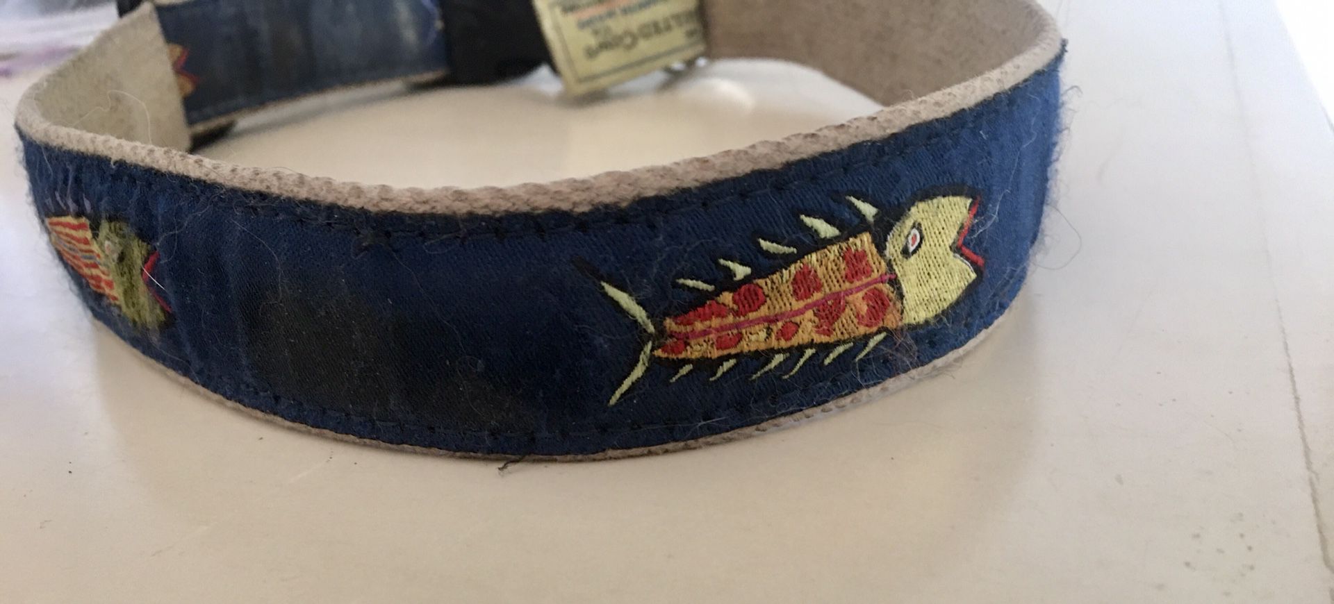 XL navy blue dog collar with attractive fish design