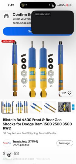 Bilstein B6 4600 Front & Rear Gas Shocks for Dodge Ram 1(contact info removed) 3500 RWD
