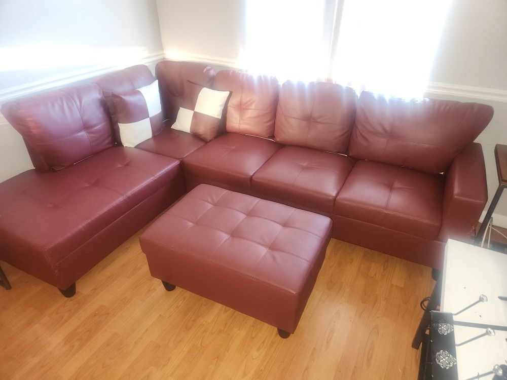 Red Leather Sectional And Ottoman With Storage