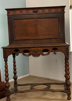 Antique Early 1900's Fall Drop Front Carved Walnut Secretary Desk
