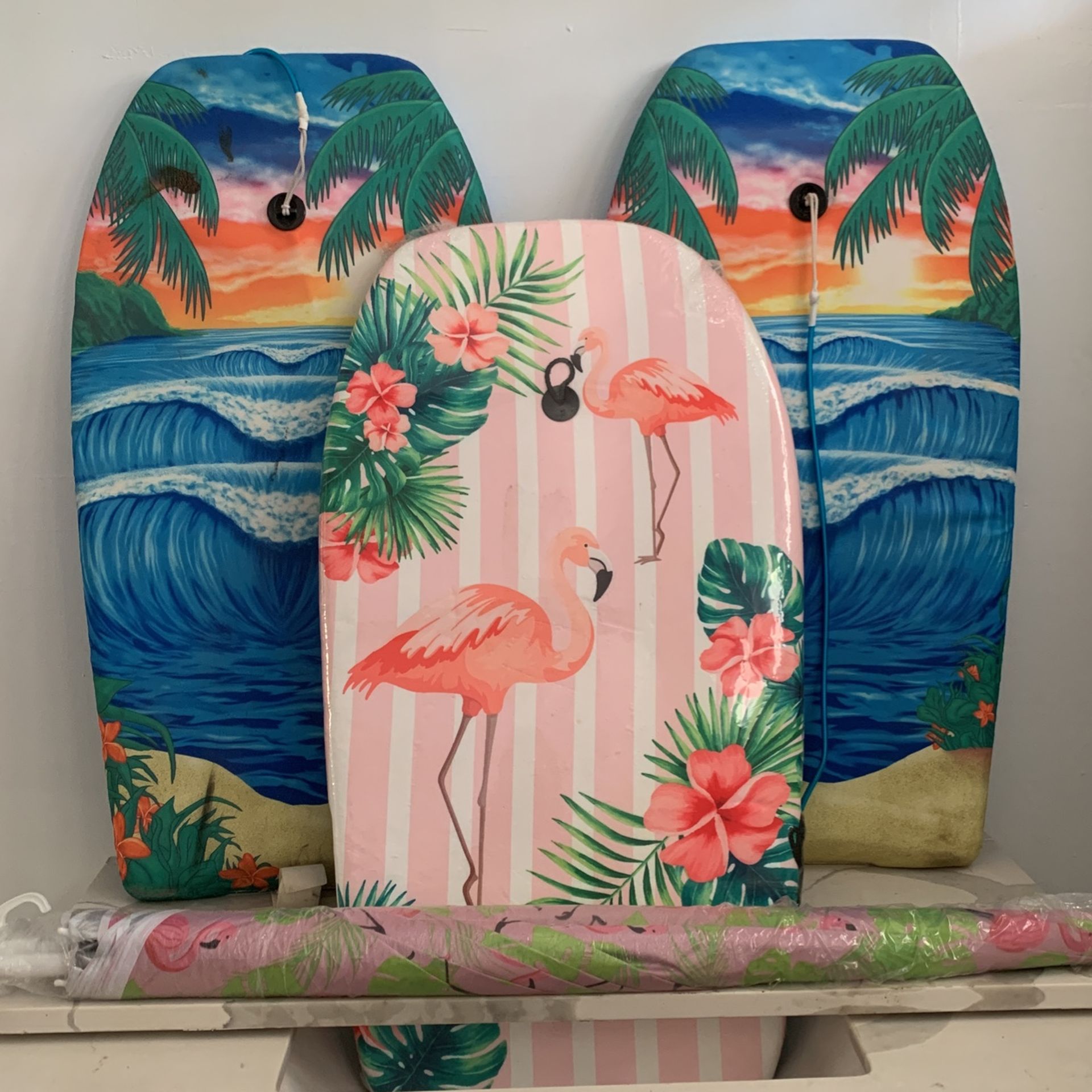 Boogie Boards And Flamingo Umbrella 