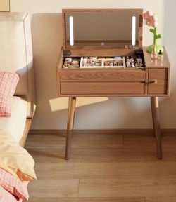 Wood Vanity Desk with Mirror and Lights, Dressing Vanity Table, 32 Inch Large Make Up Vanity Table
