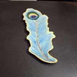 Unique 14" Long Cracker Barrel Serving Peacock Feather Stoneware Appetizer Tray, Bold Vivid Colors Dishwasher & Microwave Safe 