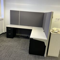 L-Shaped Desk office cubicle w/gray panel system - 83” x 71” - Excellent Condition- Originally $2800