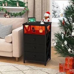 LED Nightstand with Charging Station, Tall Dresser for Bedroom with LED Light, Side Table Bedside Tables with USB Ports and Outlets, Black End Table w