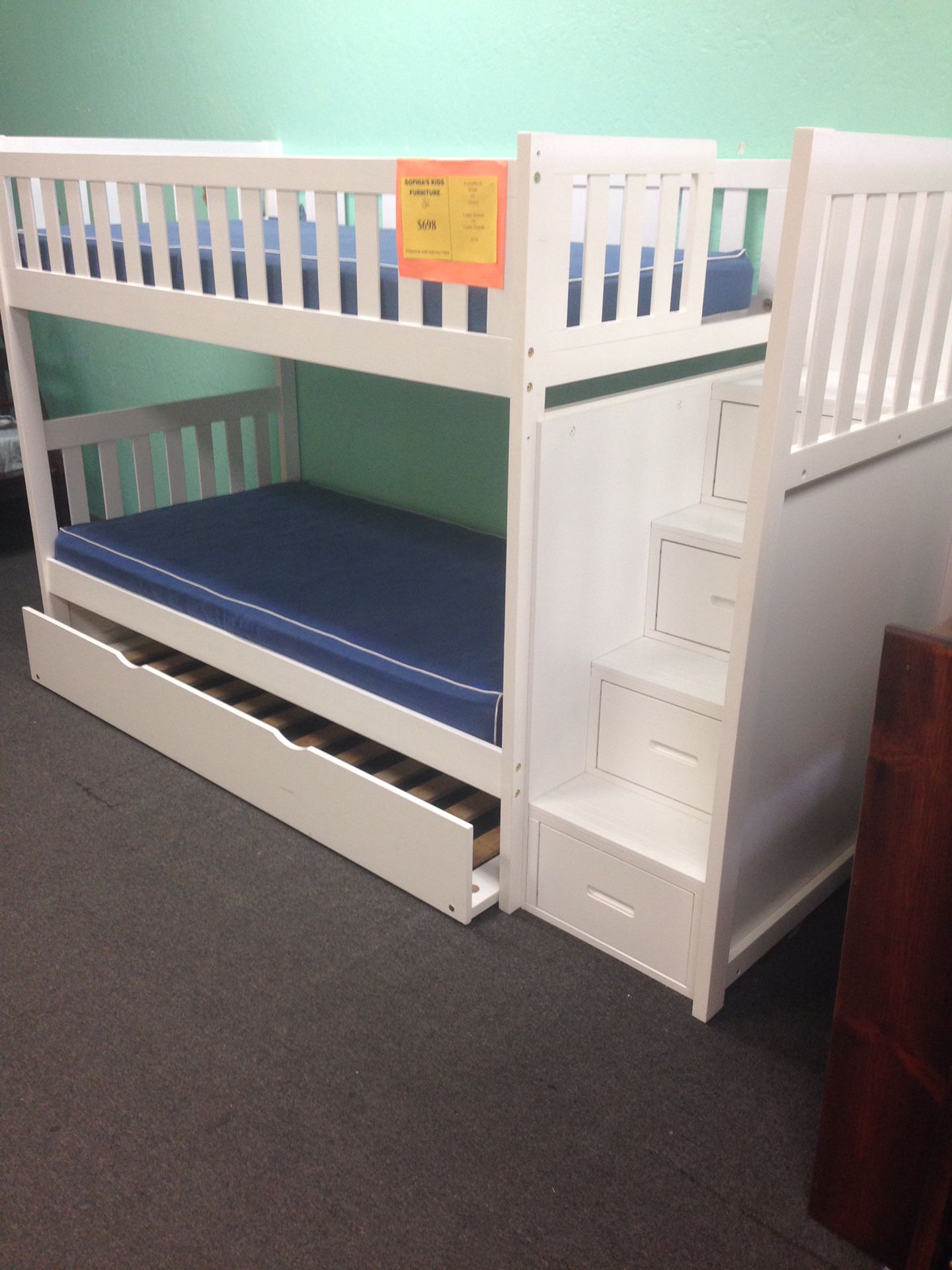 Twin size stairway bunk bed. Color choice