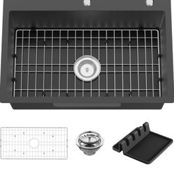 Black Kitchen Sink, 27x18 Inch Stainless Steel Drop In Modern Single Bowl Topmount Kitchen And Bar Sink Combo-SS Grid,Spoon Rest,Drain Strainer Set Co