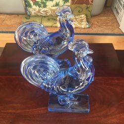 Antique Cobalt Blue Glass Rooster Bookends