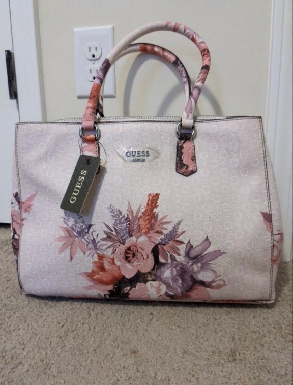 New With Tags Guess Blush Pink Floral Handbag Purse Tote 15"