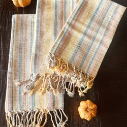 New Beautiful Set Of 3 Large Cotton Striped Kitchen Towels Dishcloths World Market With Fringe