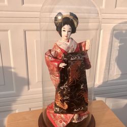 Vintage Japanese Geisha Doll On Original Wood Stand Under Glass