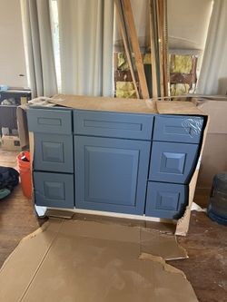 Custom KraftMaid Bathroom Vanity (45”) - Harbor Blue + Sink