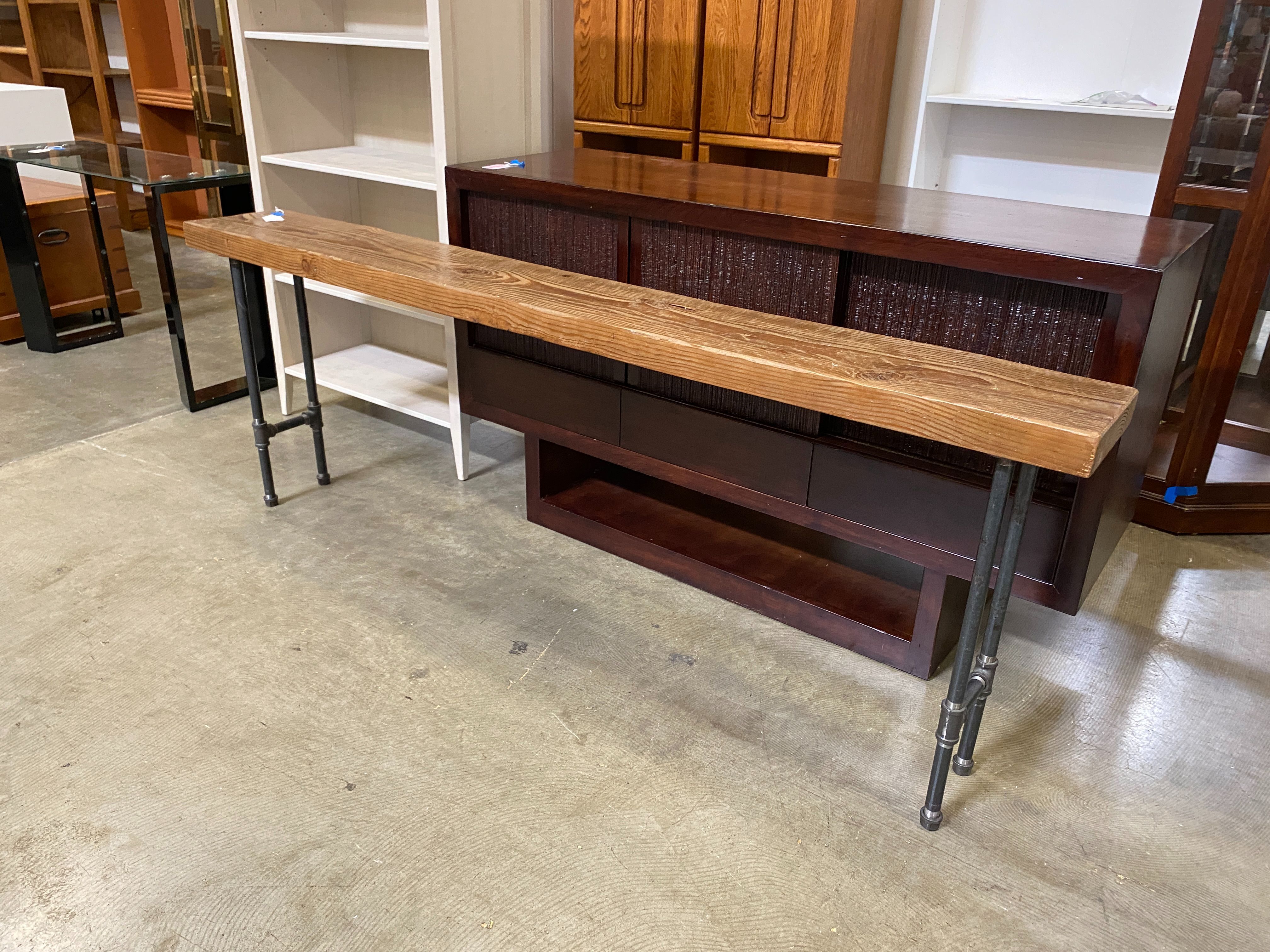 Planed Wood Industrial Pipe Extra Long Accent Table