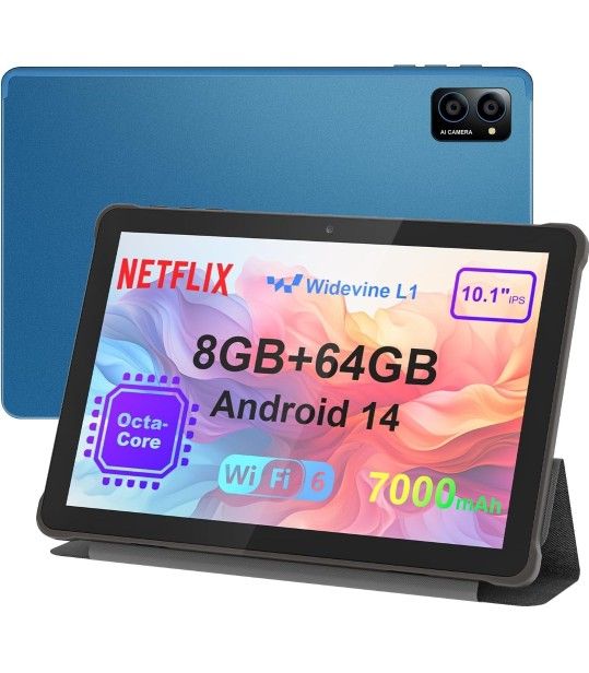 10 inch Android 14 Tablet – Octa-Core, 8GB RAM 64GB (Expandable to 1TB), 7000mAh Battery, IPS HD Display, Wi-Fi 6, OTG, Metal Body with Stand Case – F