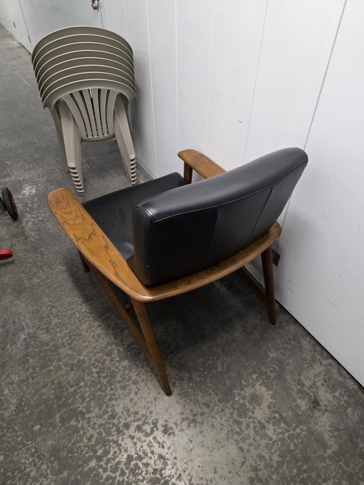 Room & Board Black Leather and Wood Armchair – Mid-Century Style
