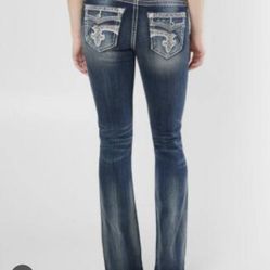 Women’s Rock Revival Glade Easy Fit Boot Cut Mid Rise Stretch Blue Jeans Size 28