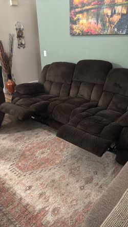 Couch with two recliners and matching recliner rocking chair