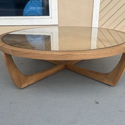 New Beautiful Rattan & Glass Coffee Table with Solid Wood Frame, Warm Honey Finish 