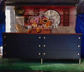 Long vintage unique black MCM 6/drawer wood dresser