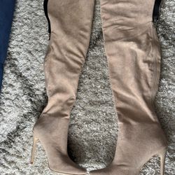 Beige Velvet/Vinyl Thigh High Boots - Size 8