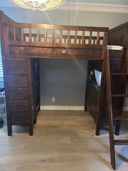 Pottery barn, twin bunkbed, Mattress, with built in desk, dresser, shelves, and ladder