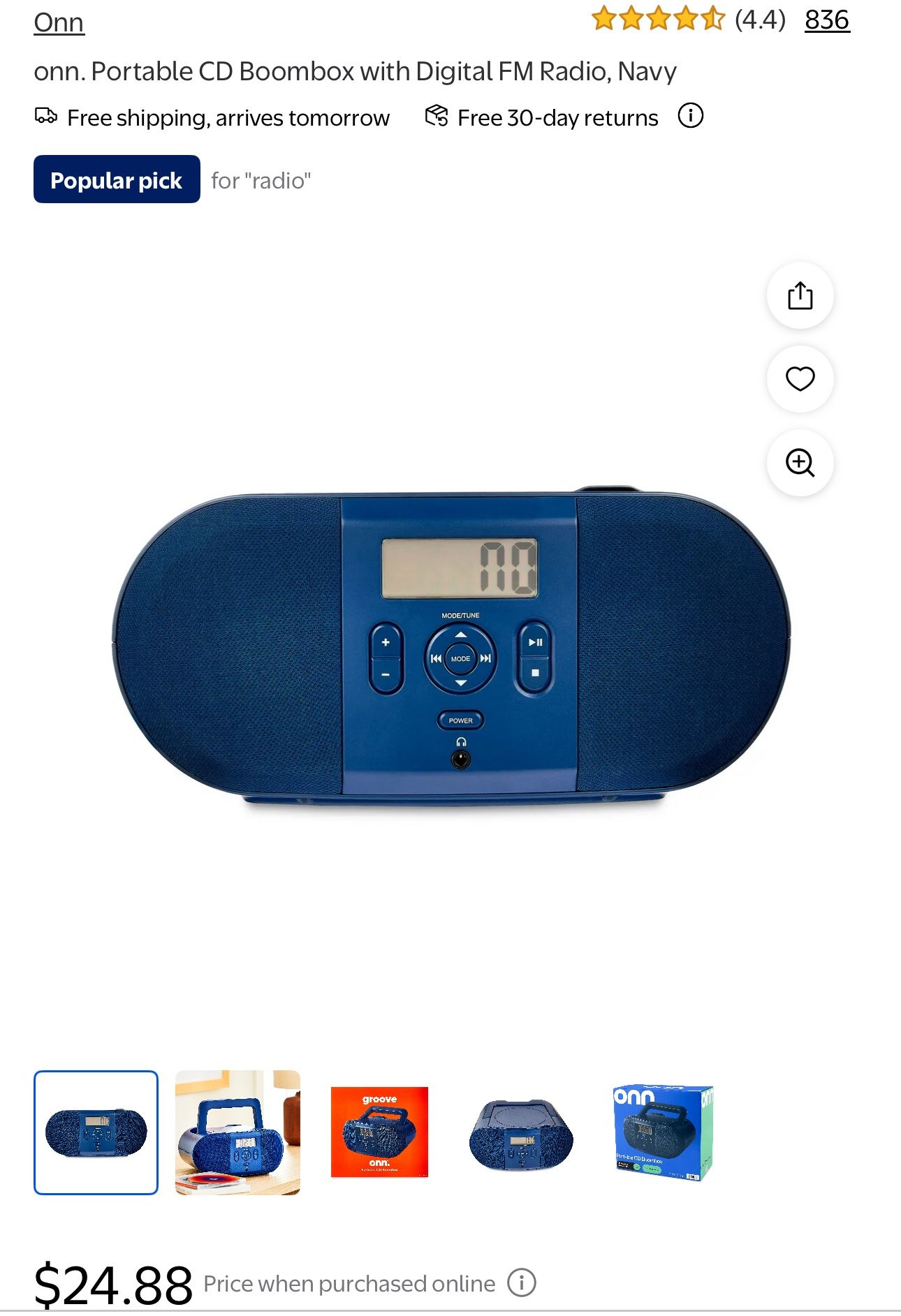 onn. Portable CD Boombox with Digital FM Radio, Navy