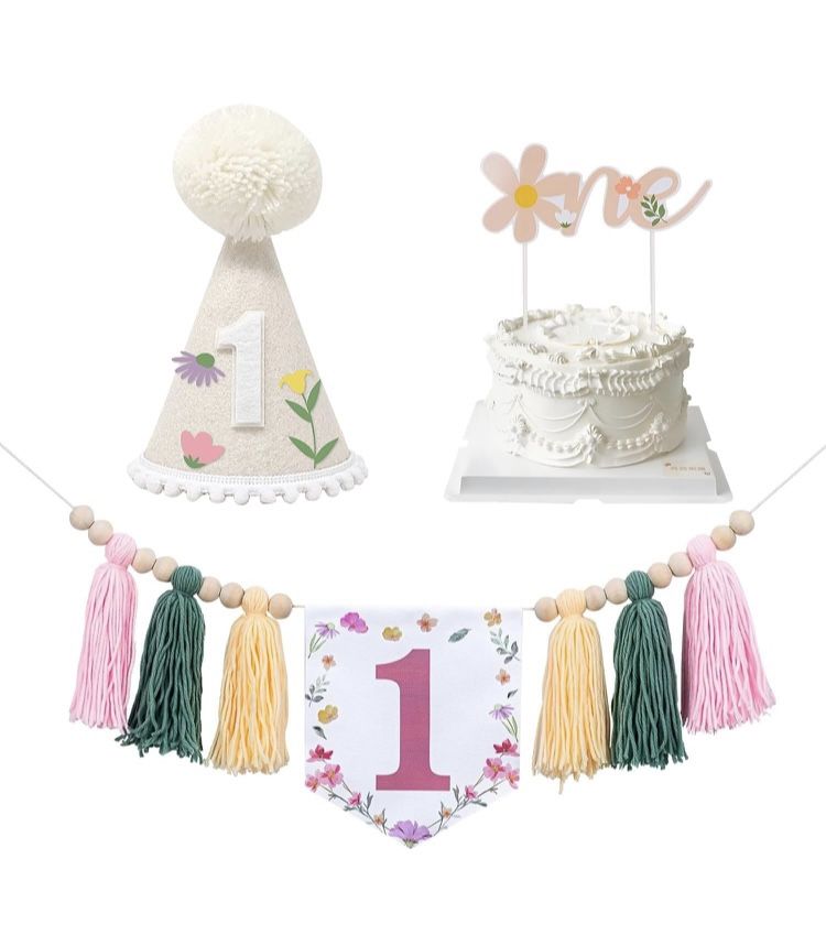 First birthday sign, hat and cake decoration, Brand New