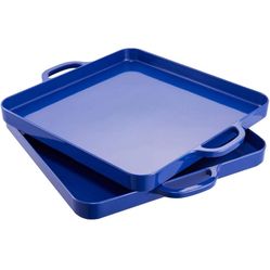 Foodservice Royal Blue Plastic Tray with Handle Set of 2 Large Melamine Cube Serving Platters for Parties, Table, Kitchen Size(12.5"x12.5"x1")